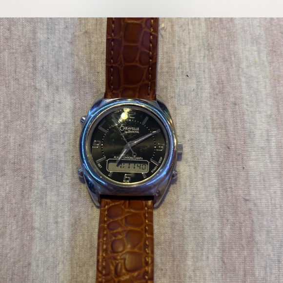 Vintage Caravelle by Bulova 43C11 Alarm Chronograph Ana-Digi Watch. Genuine leat - Picture 2 of 4